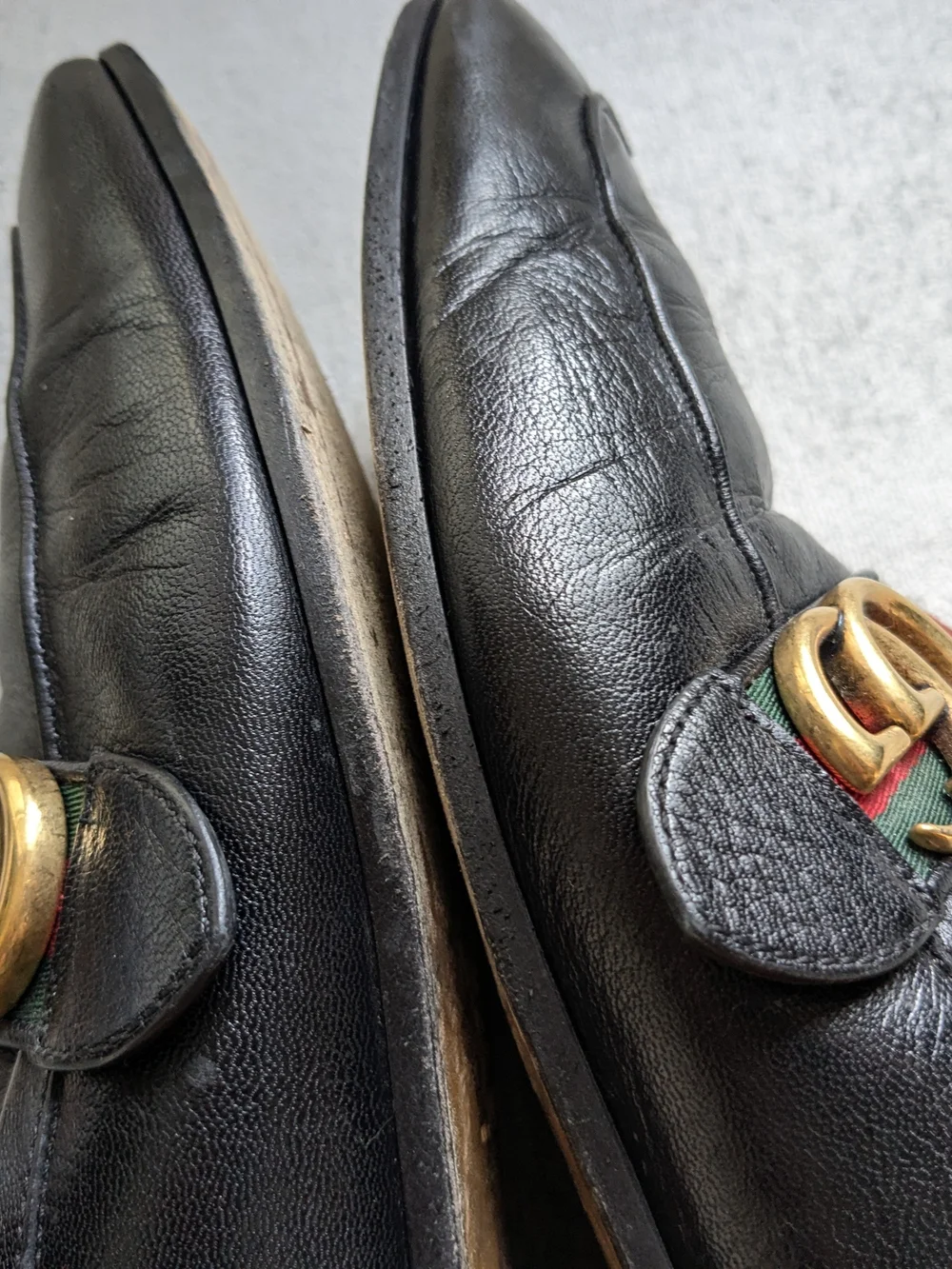 Gucci Black Leather Men's Loafers with Green-Red Web and Gold GG US 9.5